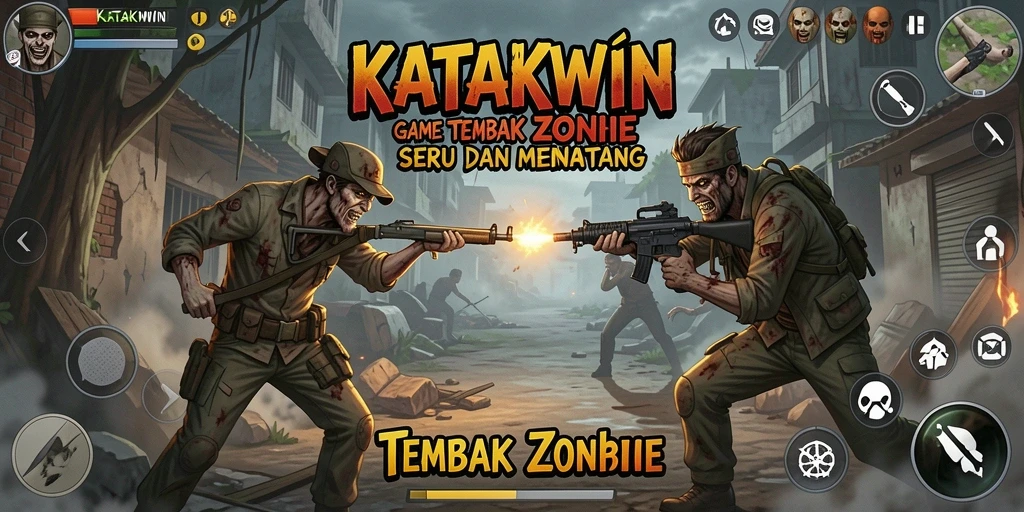 Antarmuka permainan KATAKWIN dengan zombie yang menyerang.